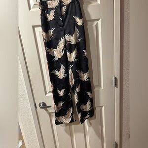 Black Satin Pants with Bird Print